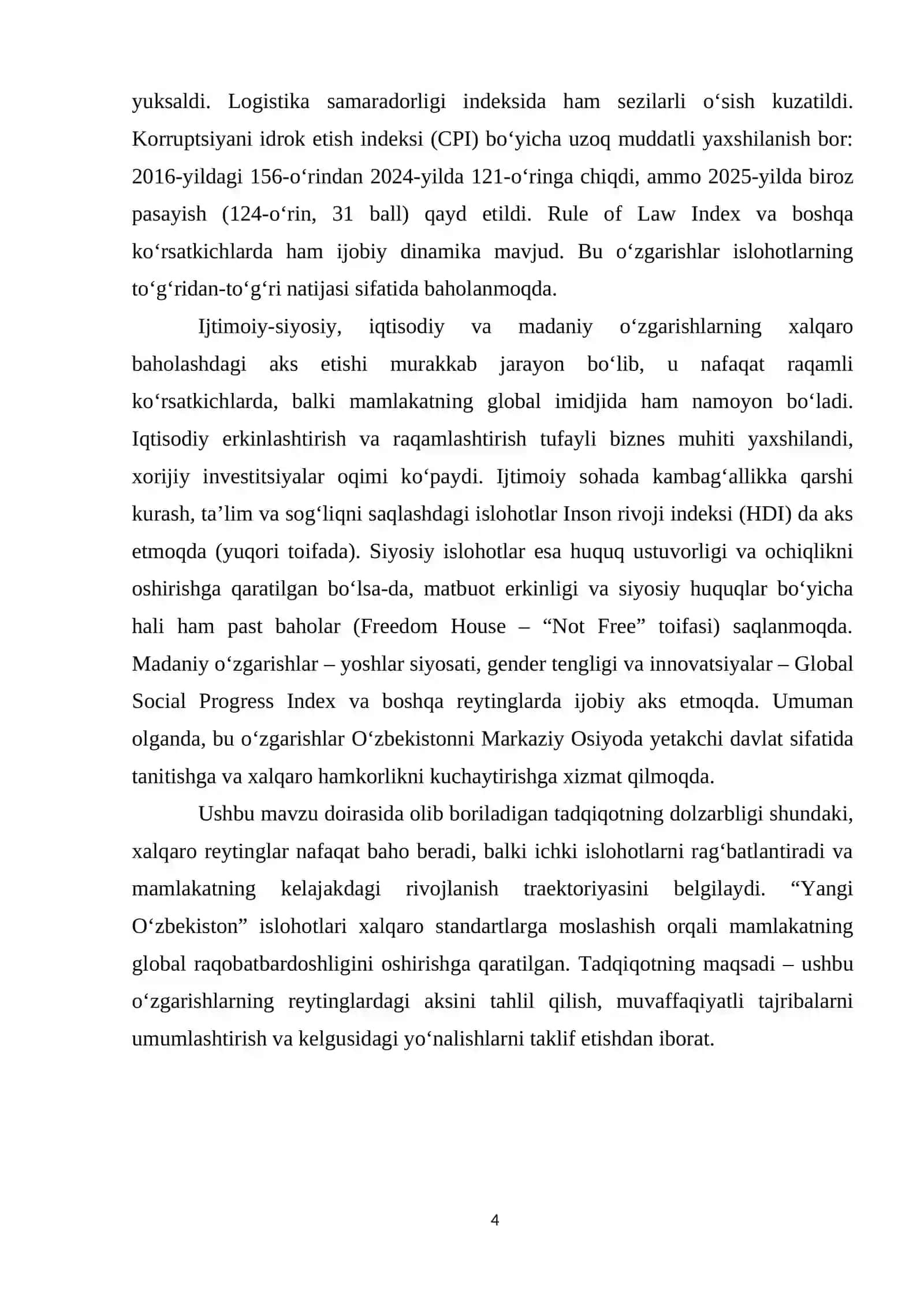 Yangi O'zbekiston ijtimoiy-siyosiy, iqtisodiy va madaniy hayotida ro'y berayotgan o'zgarishlarning xalqaro reyting va indekslarda aks etishi 4