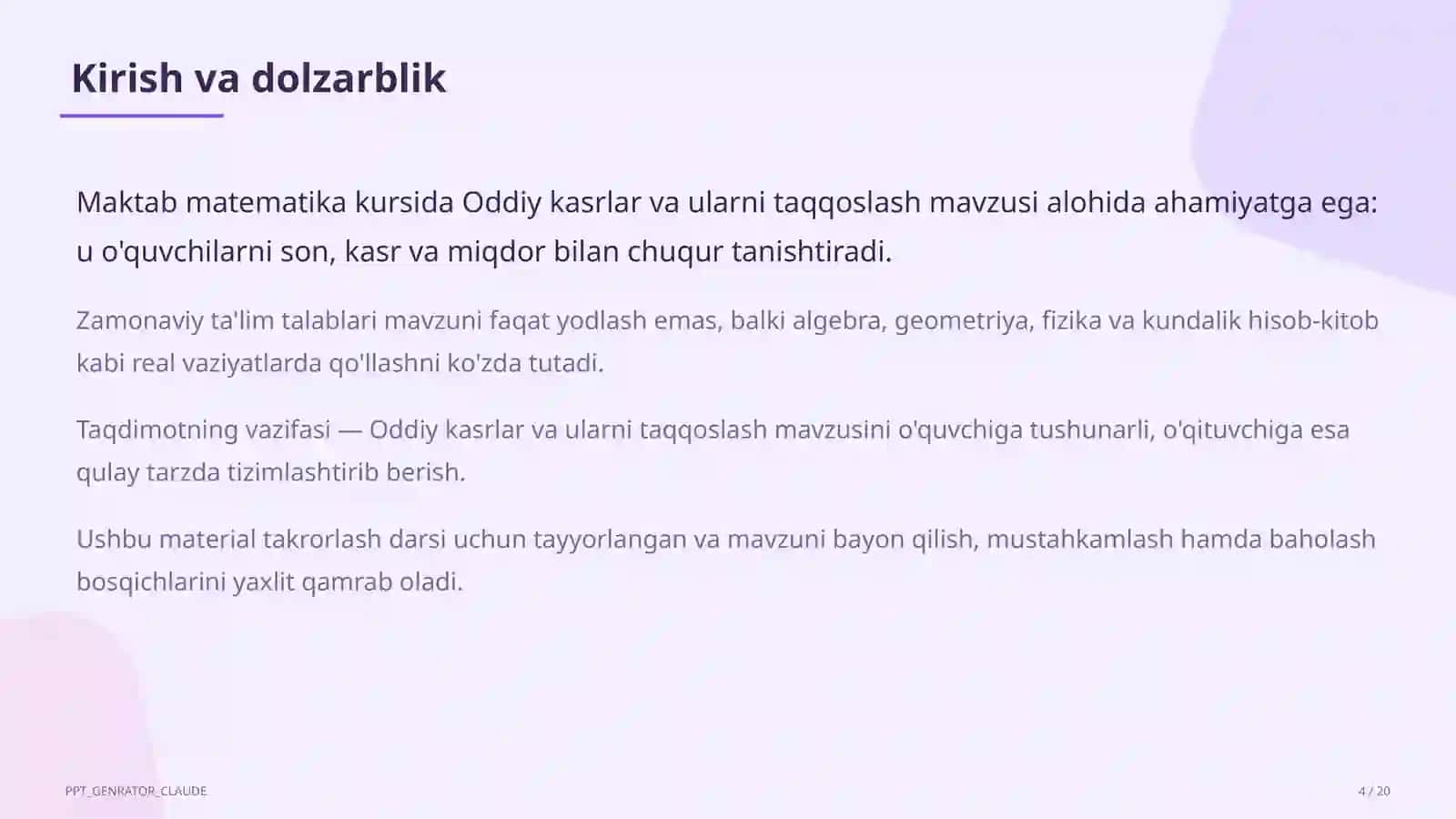 Oddiy kasrlar va ularni taqqoslash (5-sinf) 4
