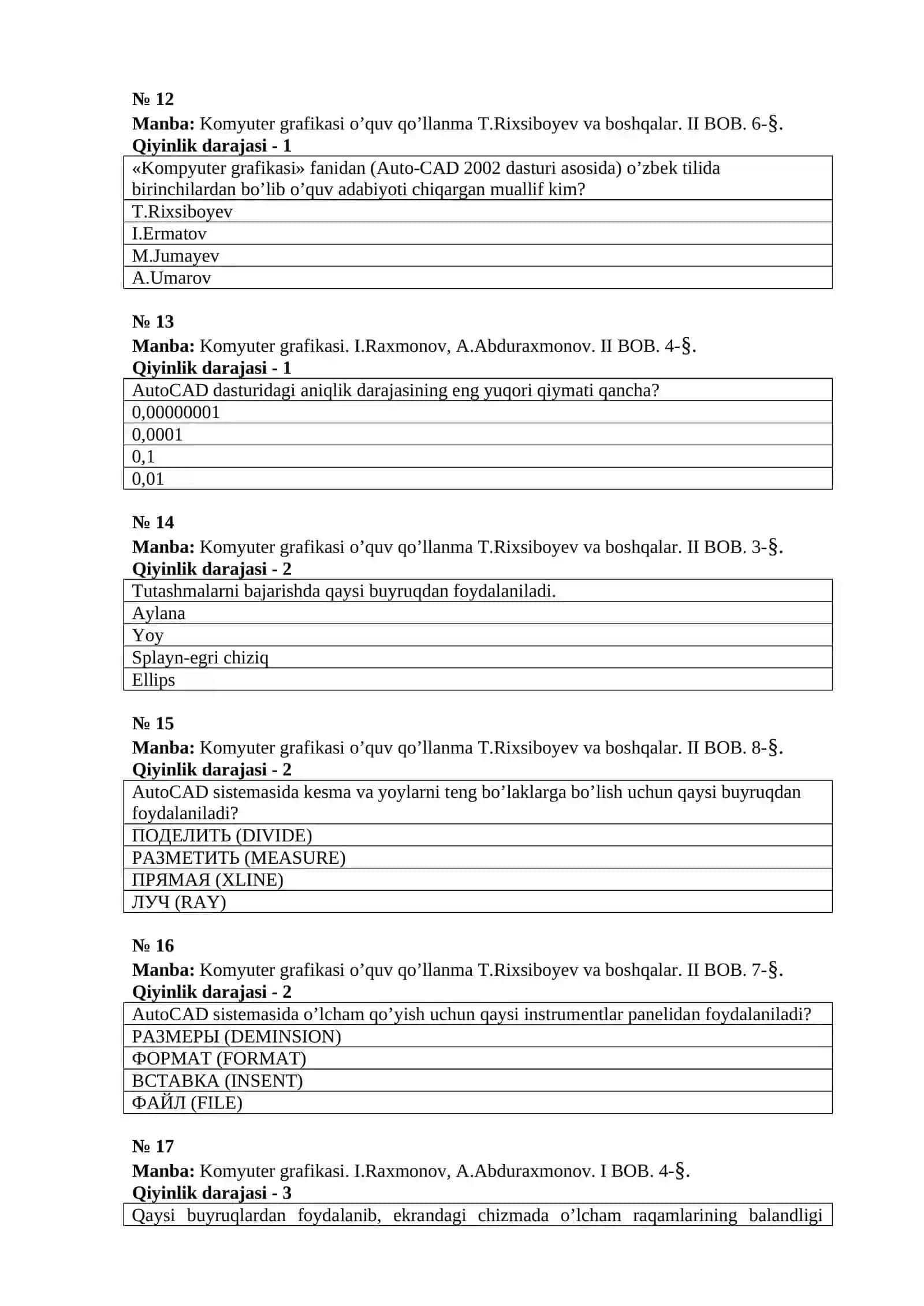 «Muhandislik kompyutеr grafikasi» fanidan test savollari 4