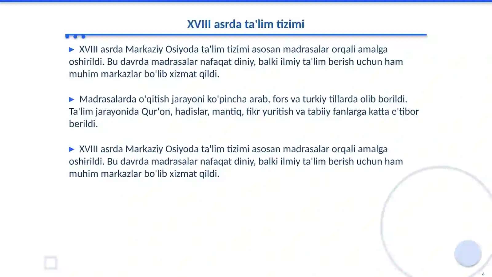 Markaziy Osiyoda ilm-fan va ta’lim XVIII аsr XIX- XX asr boshlari misolida 4