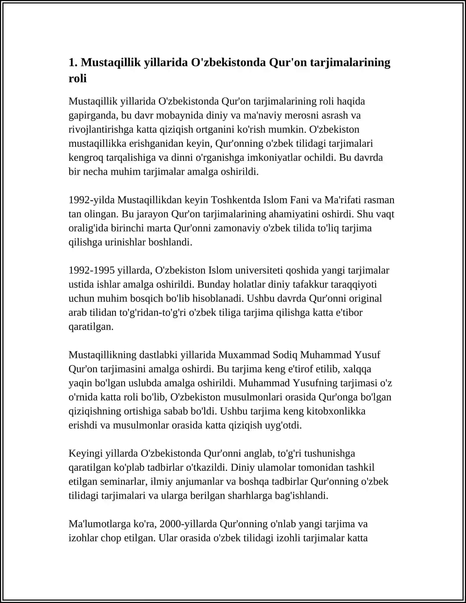 MUSTAQILLIK YILLARIDA QUR'ONNING O'ZBEK TILIGA TARJIMA QILINISHI VA TAVSIFI 4