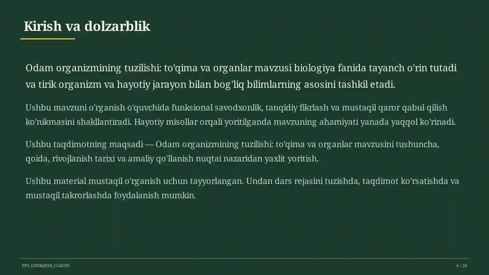 Odam organizmining tuzilishi: to'qima va organlar (8-sinf) 4