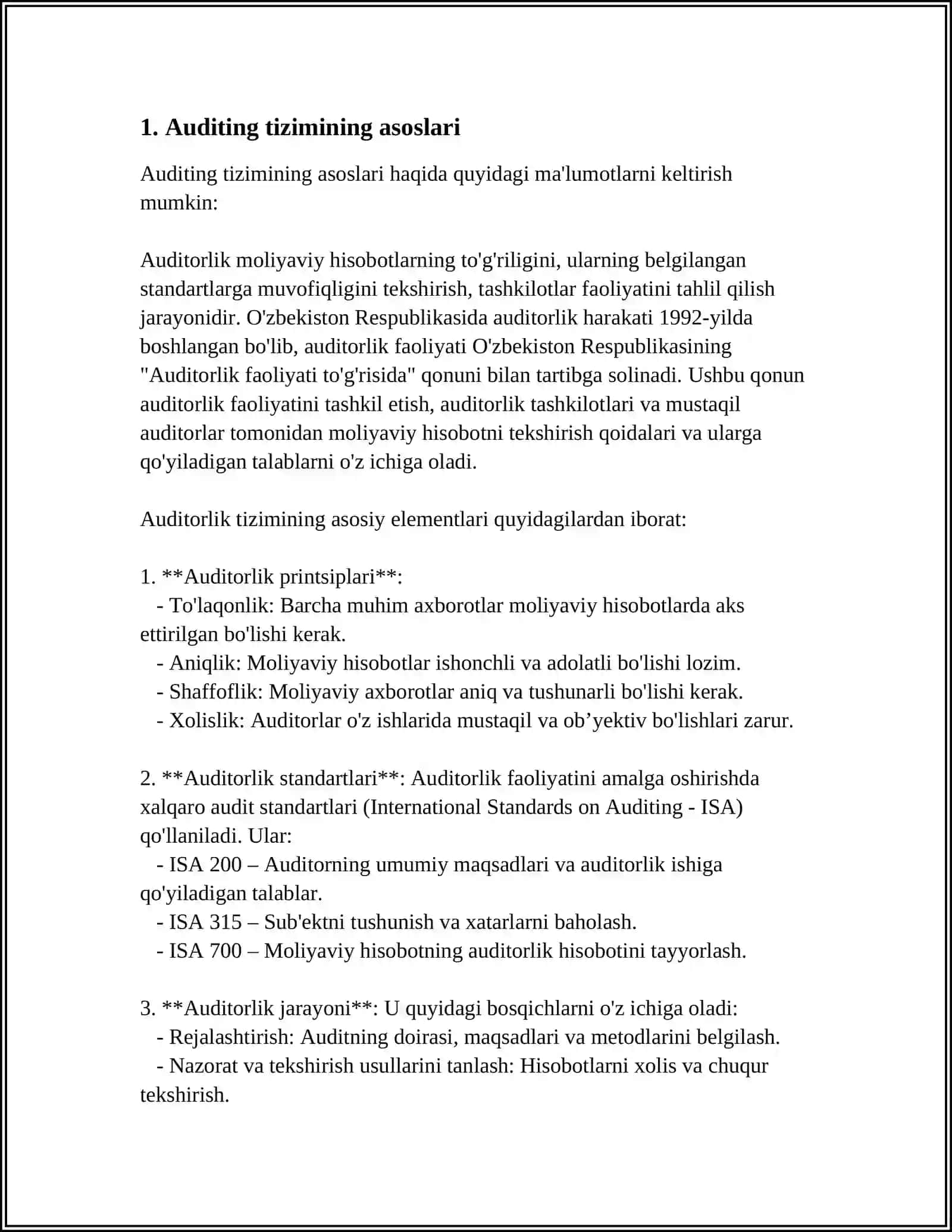 AUDITNI XALQORO SATANDARTLARI SINFLASHTIRISH VA O'ZBEKISTON RESPUBLIKASIDA QO'LASH MASALALARI 4