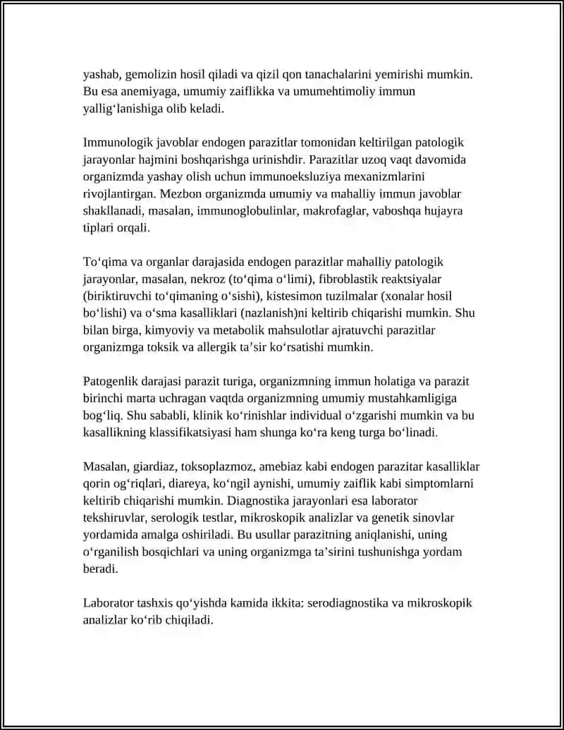 ENDOGEN PARAZITAR KASALLIKLAR, KLASSIFIKATSIYASI, PATOGENEZI, LABORATORIYA TASHXISI 4
