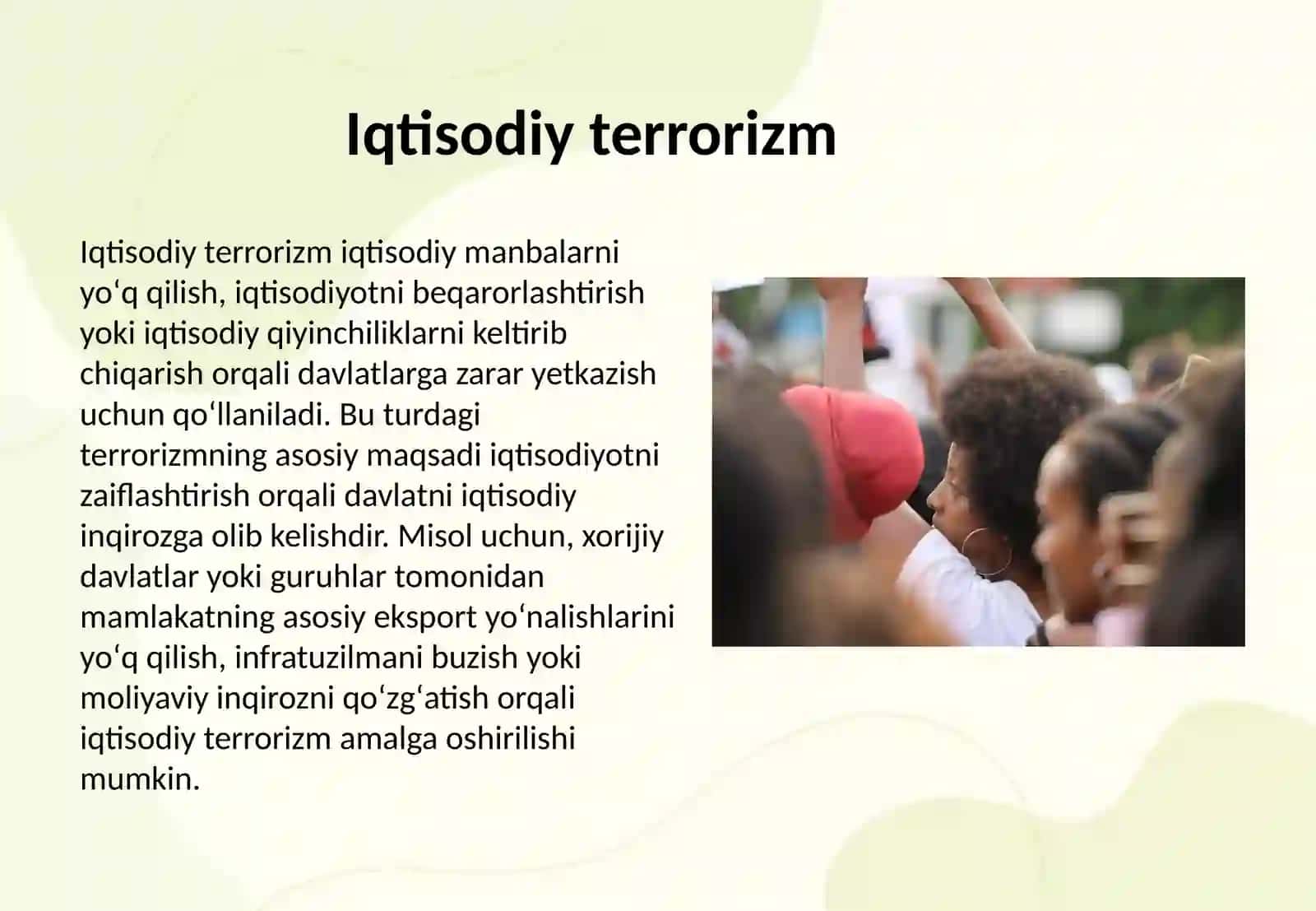 Terrorizmning turlari (siyosiy, iqtisodiy, ijtimoiy, diniy). 4