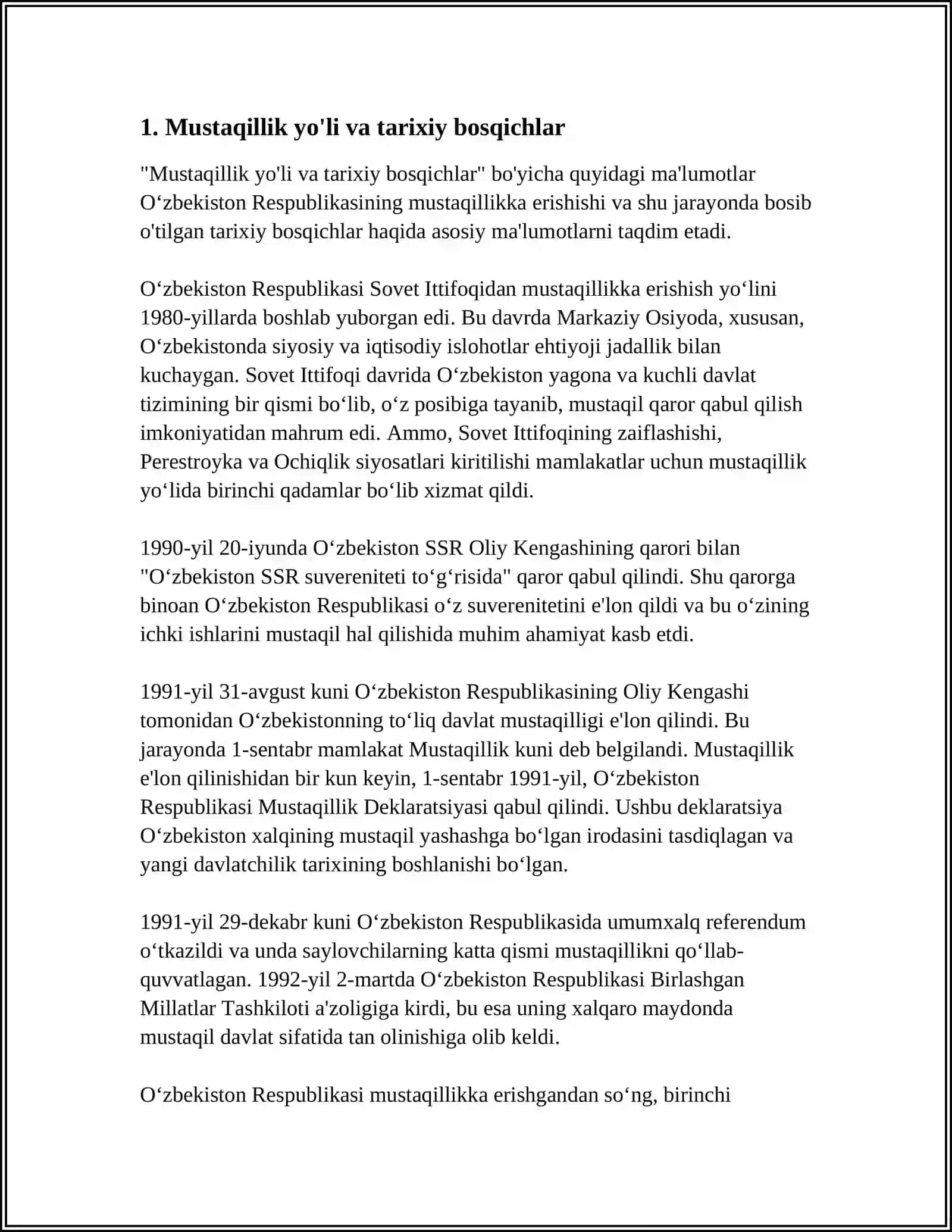Mavzu: ÕZBEKISTONNING ÕZIGA XOS ISTIQLOL VA TARAQQIYOT YÕLI 4