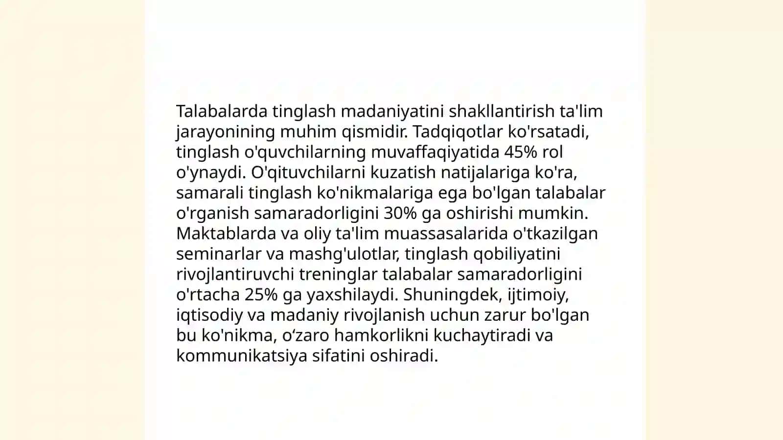 Oʻquvchilarda tinglab tushunish anglash koʻnikmasi, tinglab koʻnikmalarini shakllantirish tushishni rivojlantiruvchi mazmuniy strategiyalar 4