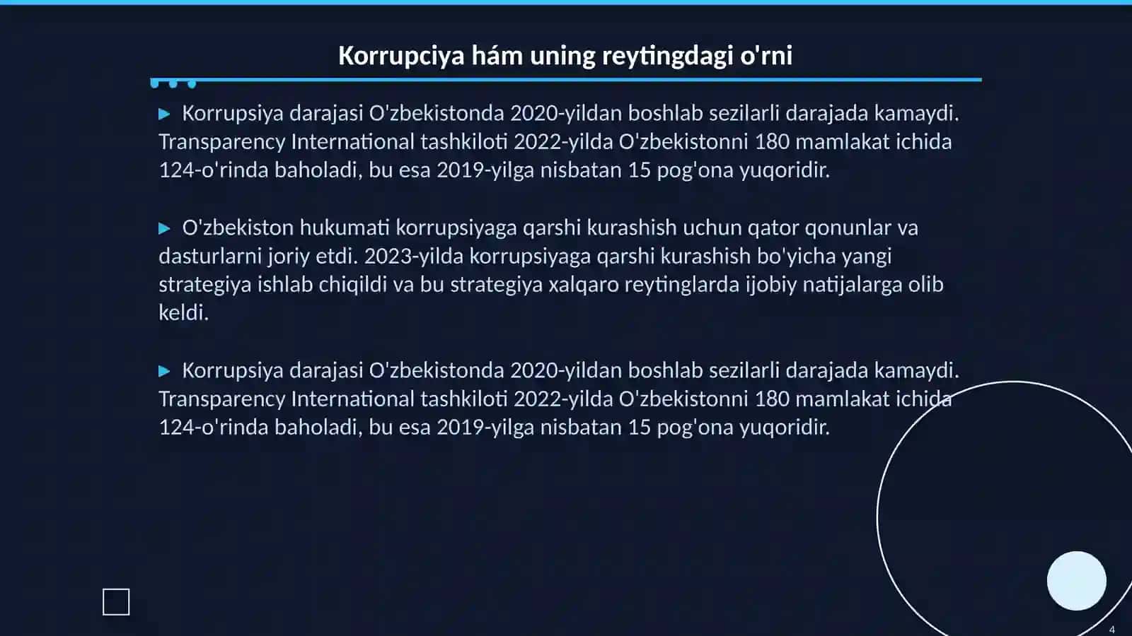 Jańa Ózbekstannıń jámietlik-siyasiy, ekonomikalıq hám mádeniy turmısında júz berip atırǵan ózgerislerdiń xalıqaralıq reyting hám indekslerde sáwleleniwi 4