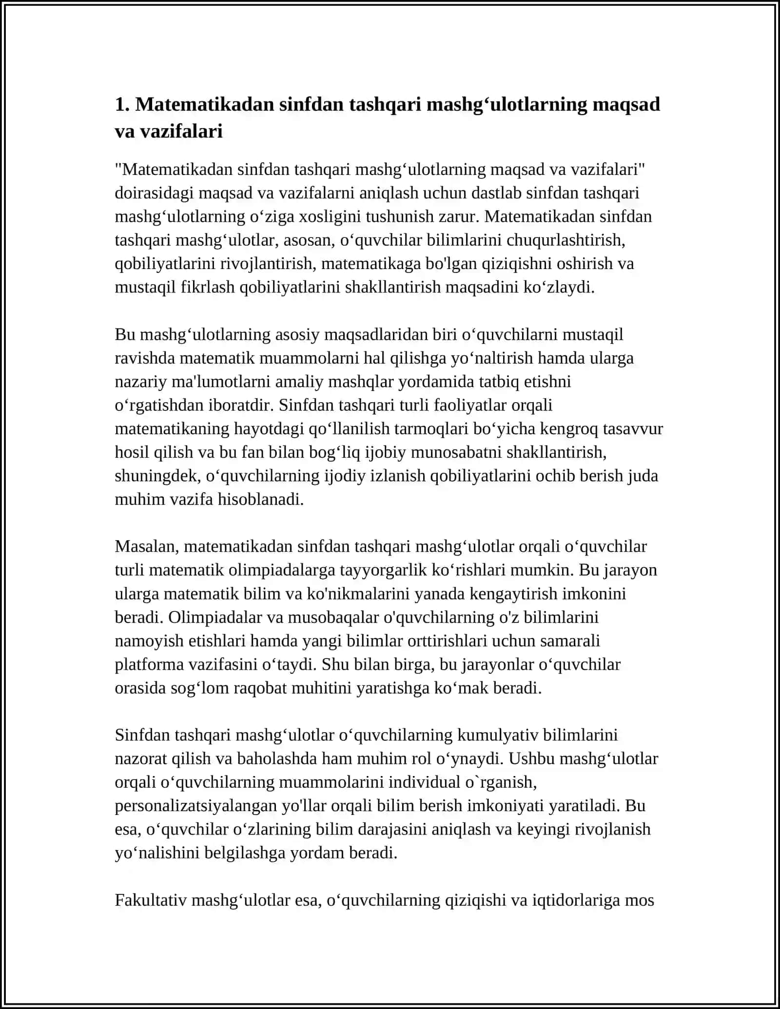 MAVZU: MATEMATIKADAN SINFDAN TASHQARI VA FAKULTATIV MASHG'ULOTLAR 4