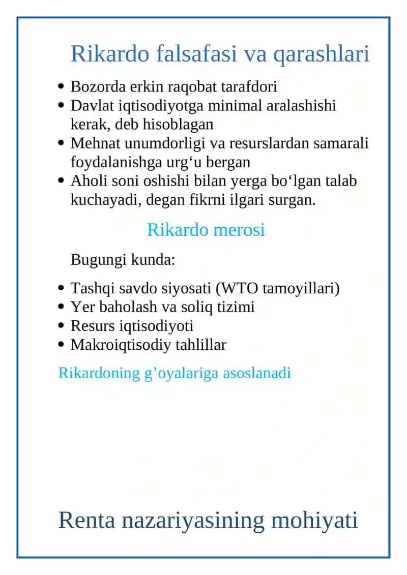 David Rikardoning renta nazariyasining mohiyati va hozirgi zamondagi ahamiyati 4