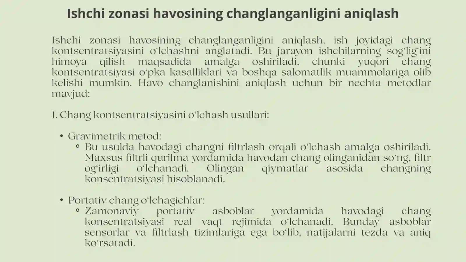 Changga oid patologiyalar. Ishchi zonasi havosining changlanganligini aniqlash. 4