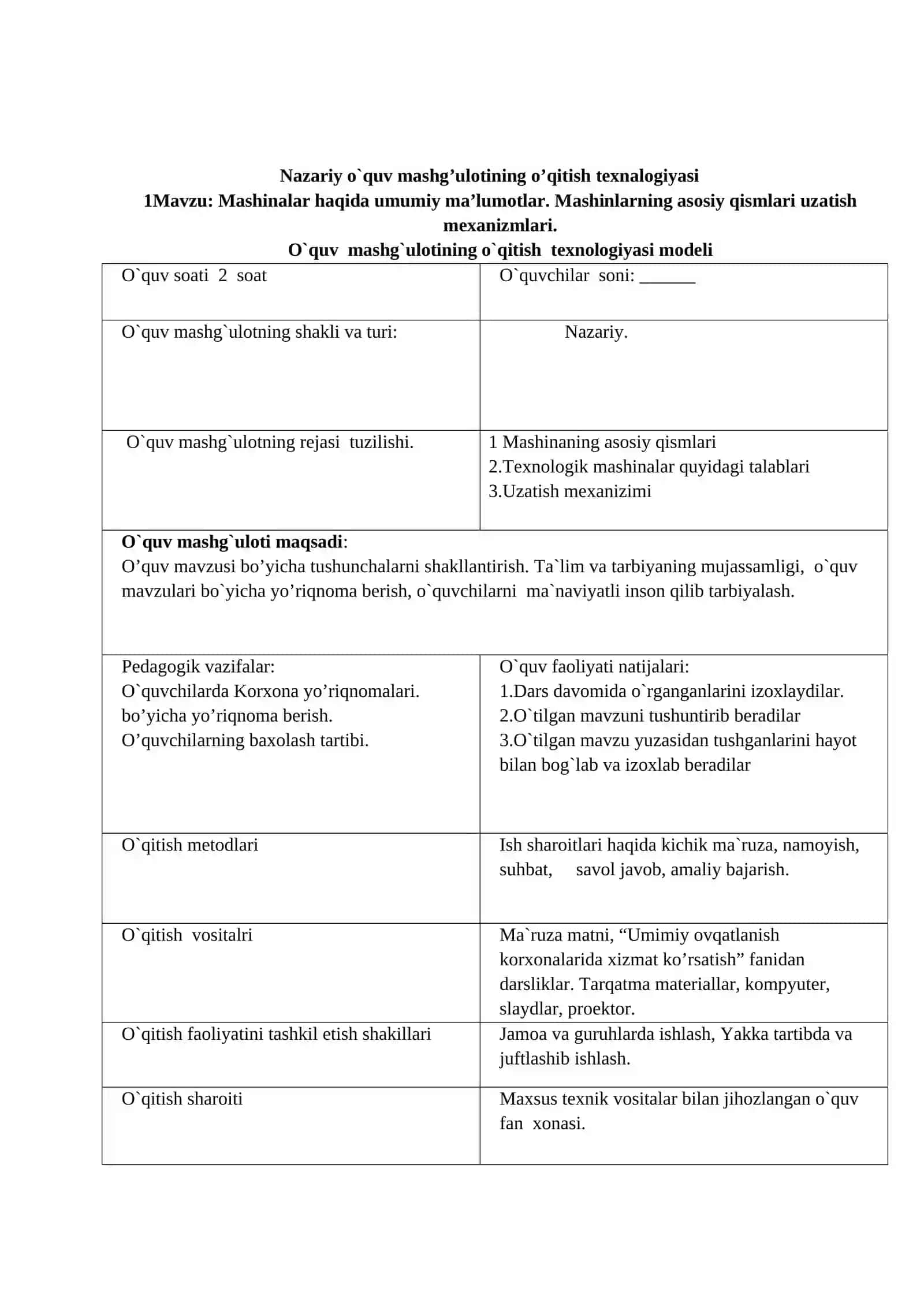“Umumiy ovqatlanish korxonalarida texnologik asbob-uskunalar va jihozlar” fanidan. O’QITISH MATERIALLARI 4