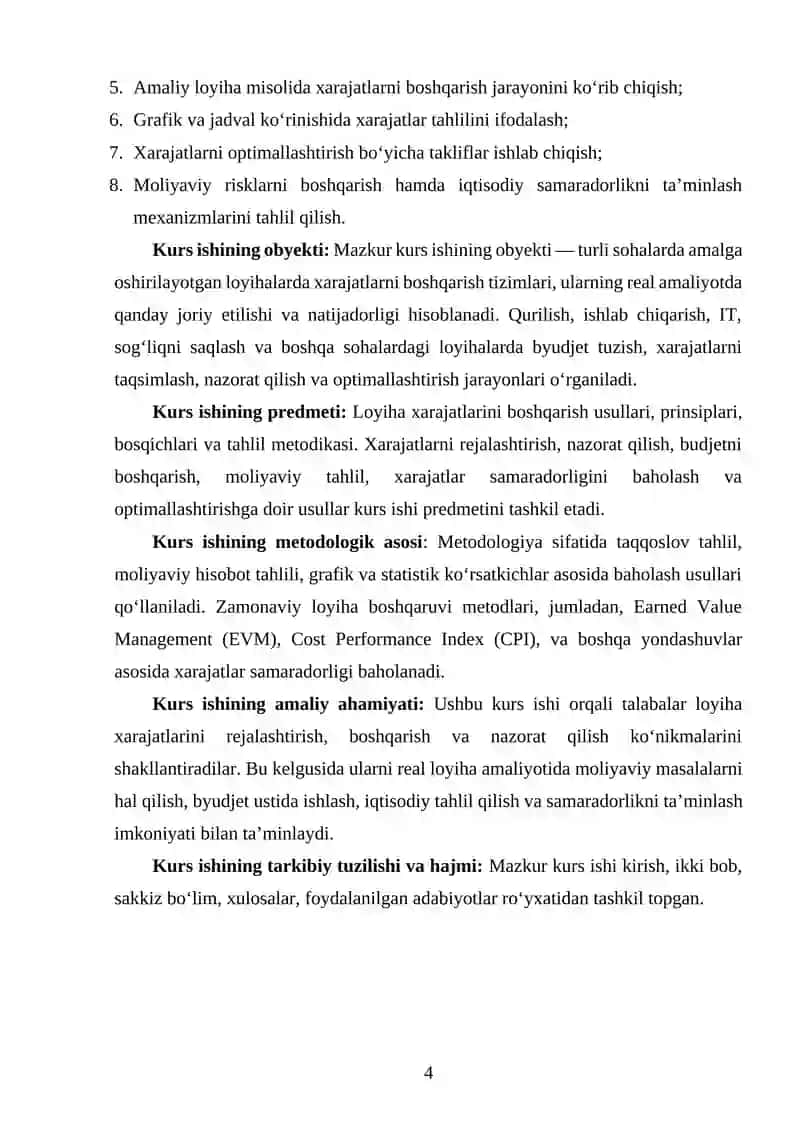 "LOYIHA XARAJATLARINI BOSHQARISHNI TAHLIL QILISH" MAVZUSIDA YOZGAN KURS ISHI 4