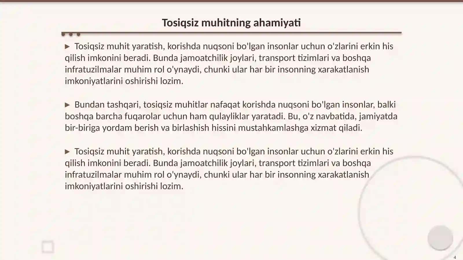 Korishda nuqsoni bolgan insonlarni xarakatlanishi uchun tosiqsiz muxit yaratish 4