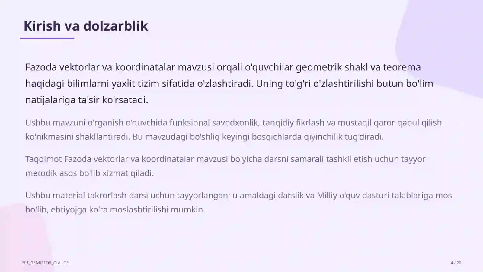 Fazoda vektorlar va koordinatalar (11-sinf) 4