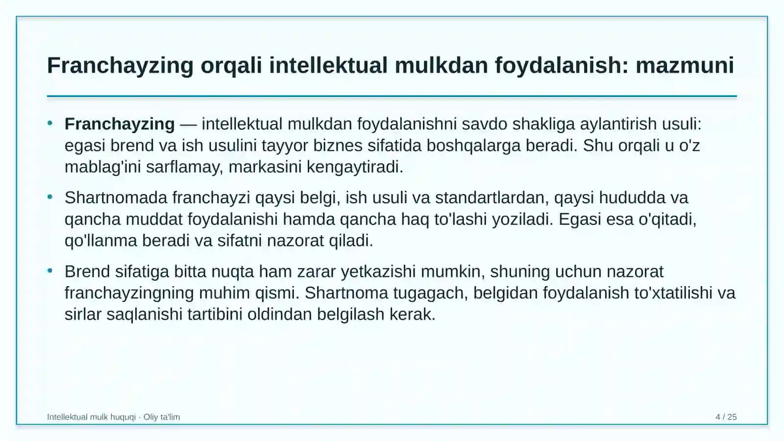 fermer xo'jaliklarida franchayzing orqali intellektual mulkdan foydalanish 3880 4