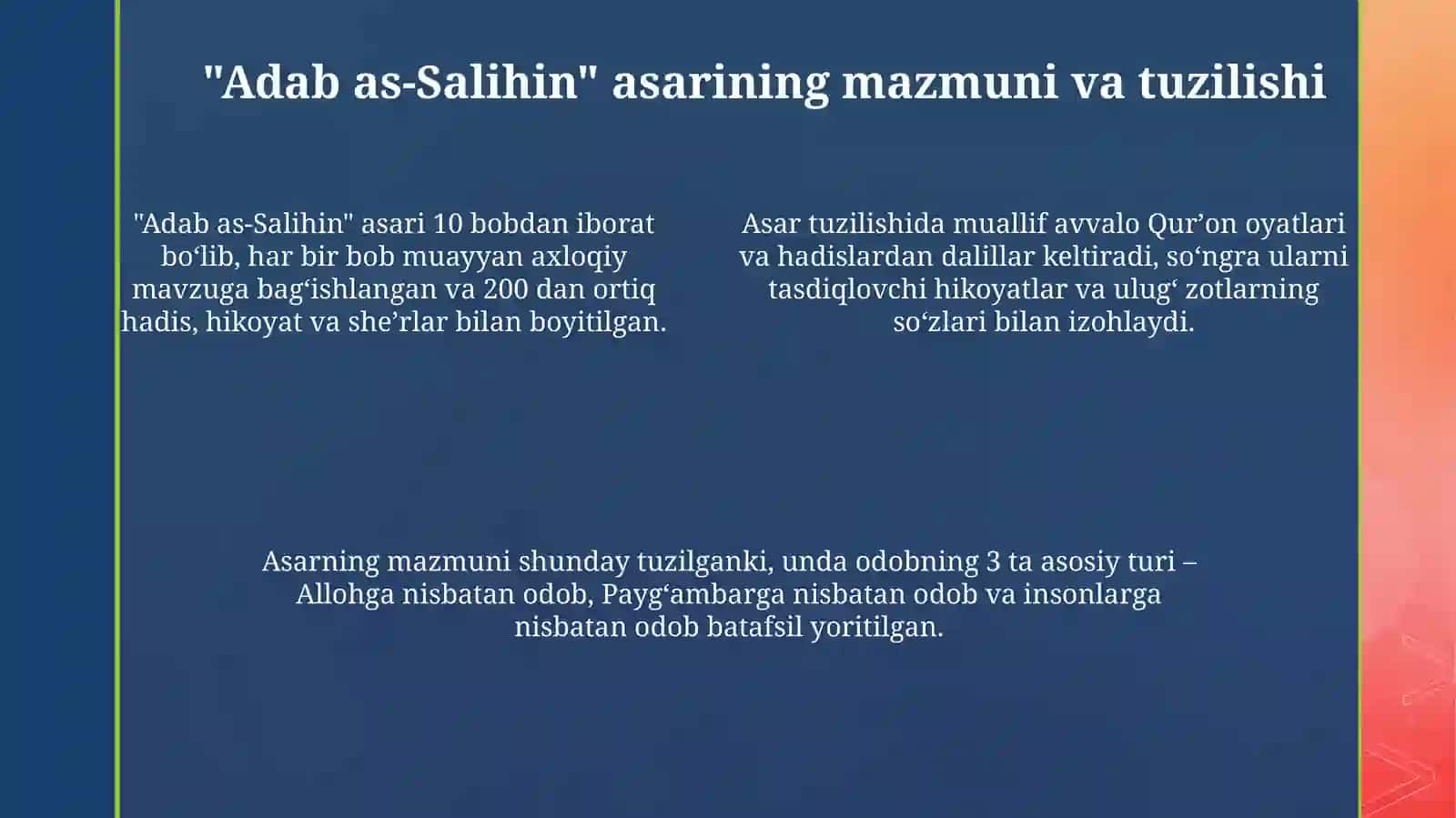 "Adab as-Salihin"ning Mazmuni, Tuzilishi va Manbalari 4