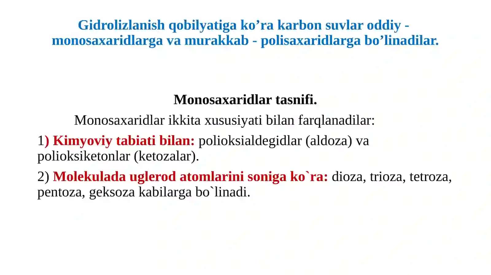 Mono, di va polisaxaridlar tuzilishi va funksiyalari. Aminokislotalar, peptidlar va oqsillar. Nuklein kislotalar tuzilishi va funksiyalari 4