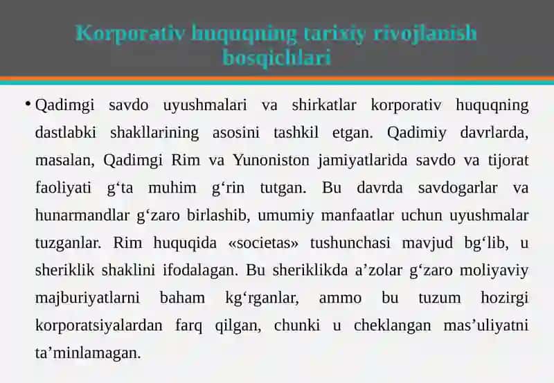 Korporativ huquq rivojlanishining qiyosiy va tarixiy jihatlari 4