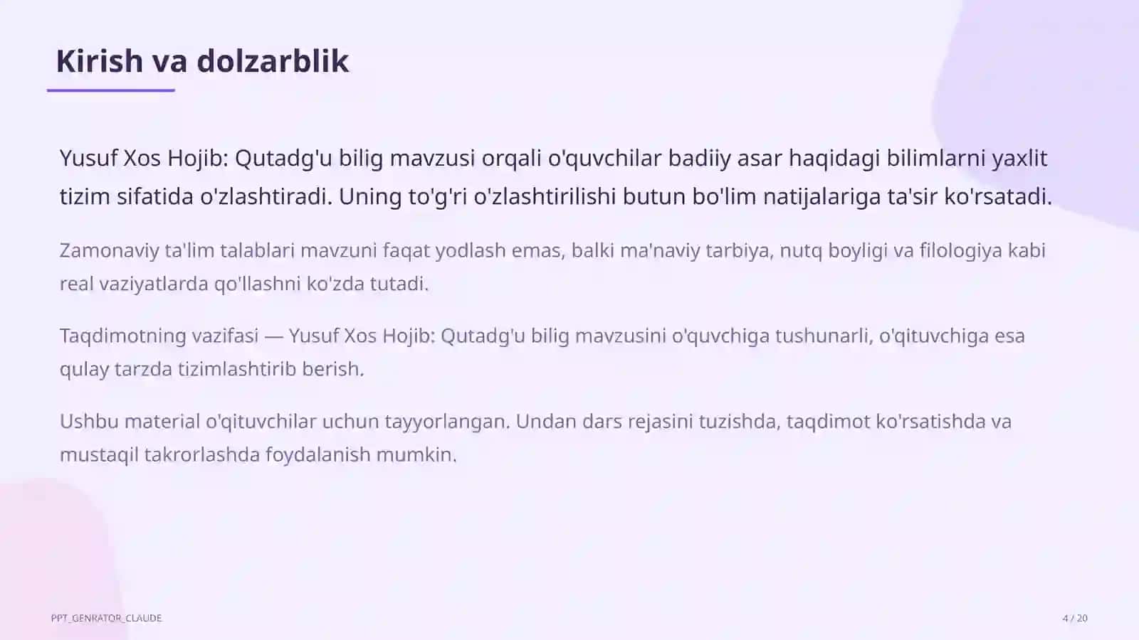 Yusuf Xos Hojib: Qutadg'u bilig (6-sinf) 4