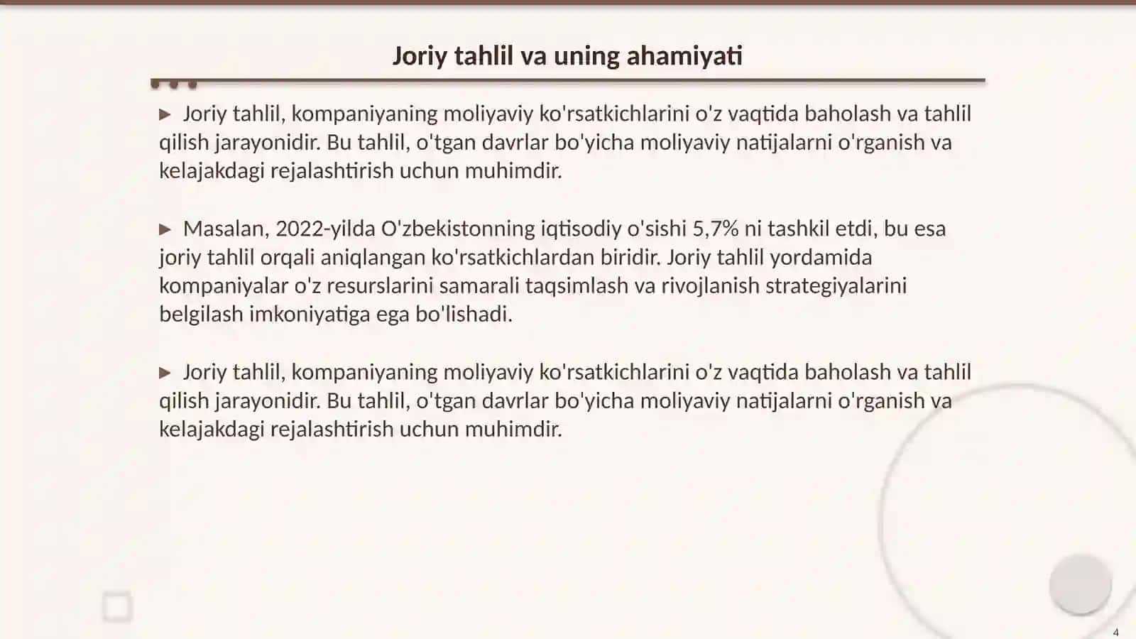 Tezkor, joriy, va istoqbolli tahlil 4
