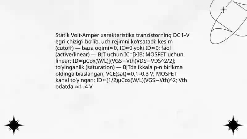 O‘tishni boshqaruvchi tranzistorlarning Volt-Amper xarakteristikasi 4