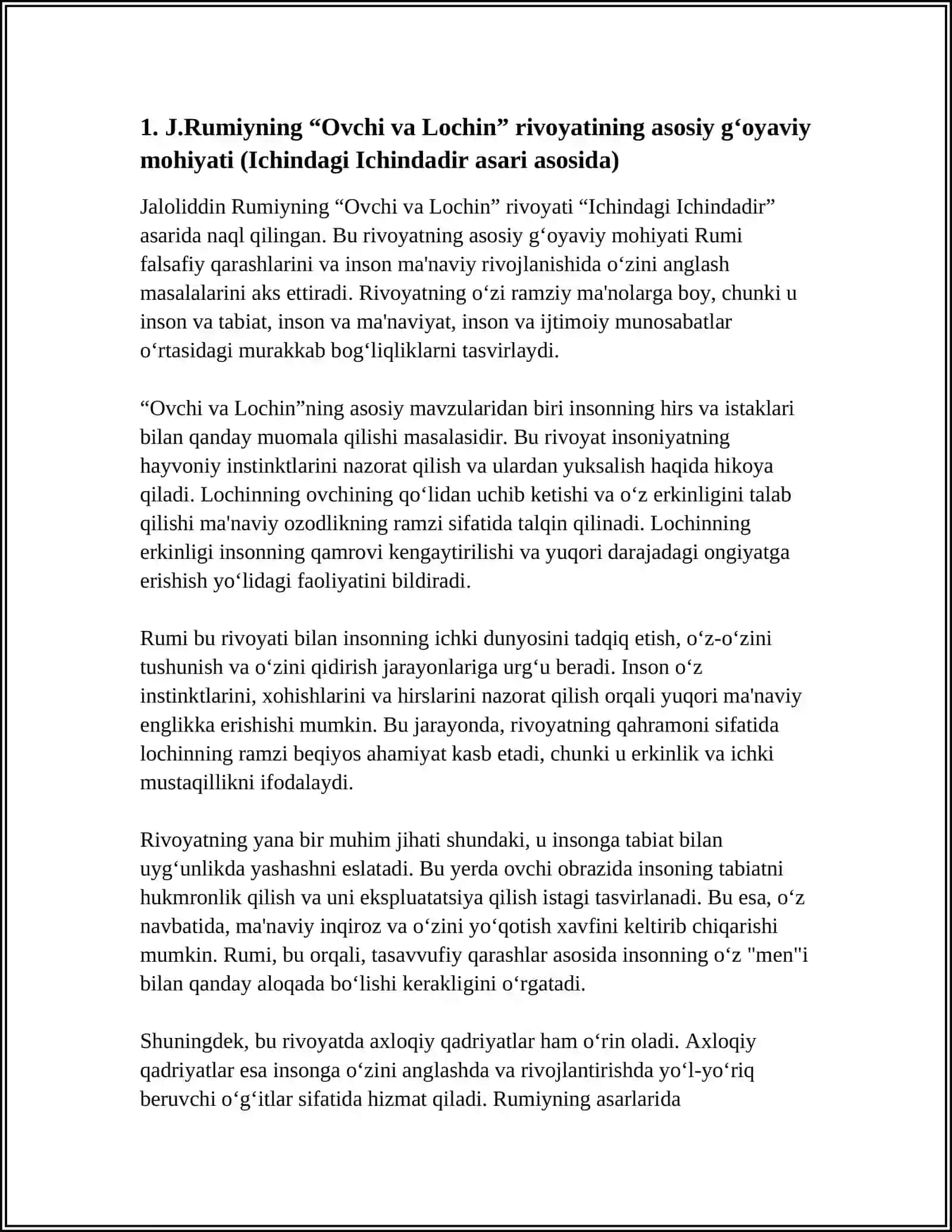 J.RUMIYNING “OVCHI VA LOCHIN” RIVOYATINING MOHIYATI VA UNING TARBIYAVIY AHAMIYATINI TAHLIL ETISH (ICHINDAGI ICHINDADIR ASARI ASOSIDA) 4