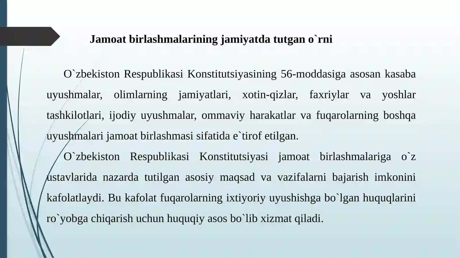 Oʻzbekiston Respublikasi Konstitutsiyasifanidan Tayyorlagan taqdimot 4