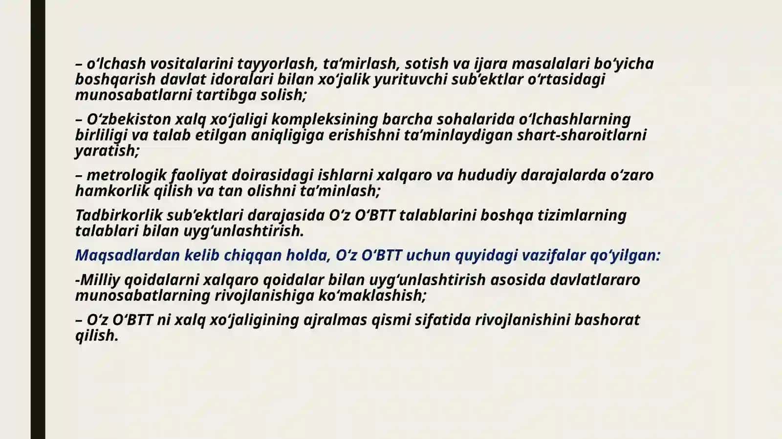 O‘ZBEKISTONO‘LCHASHLAR BIRLIGINI TA’MINLASH TIZIMI. XUQUQIY ASOSLARI VA NIZOMLARI 4