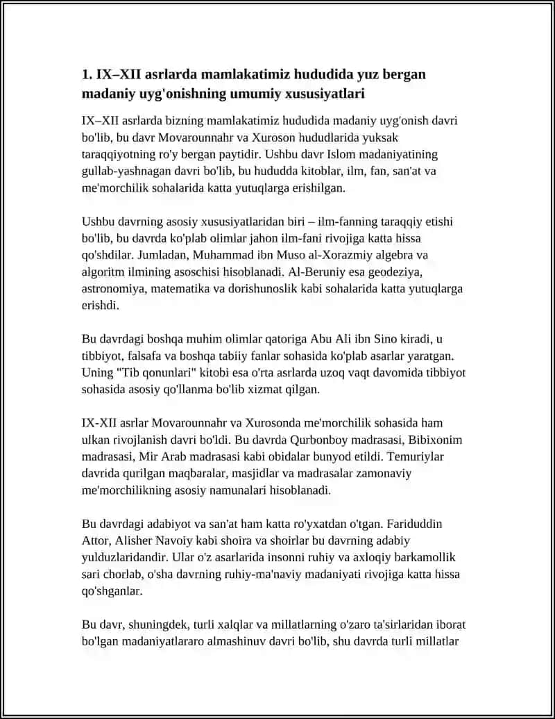 IX-XII ASRLARDA MAMLAKATIMIZ HUDUDIDA RÒY BERGAN MADANIY UYĜONISH (RENESSANS). BUYUK ALLOMALARNING JAHON SIVILIZATSIYASIGA QÒSHGAN HISSASI 4