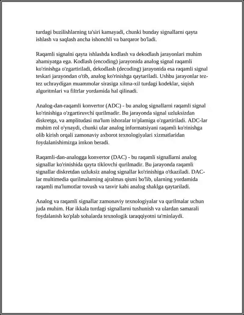 ANALOG VA RAQAMLI SIGNALLARNING O‘ZARO TAQQOSLANISHI VA QO‘LLANISH SOHALARI 4