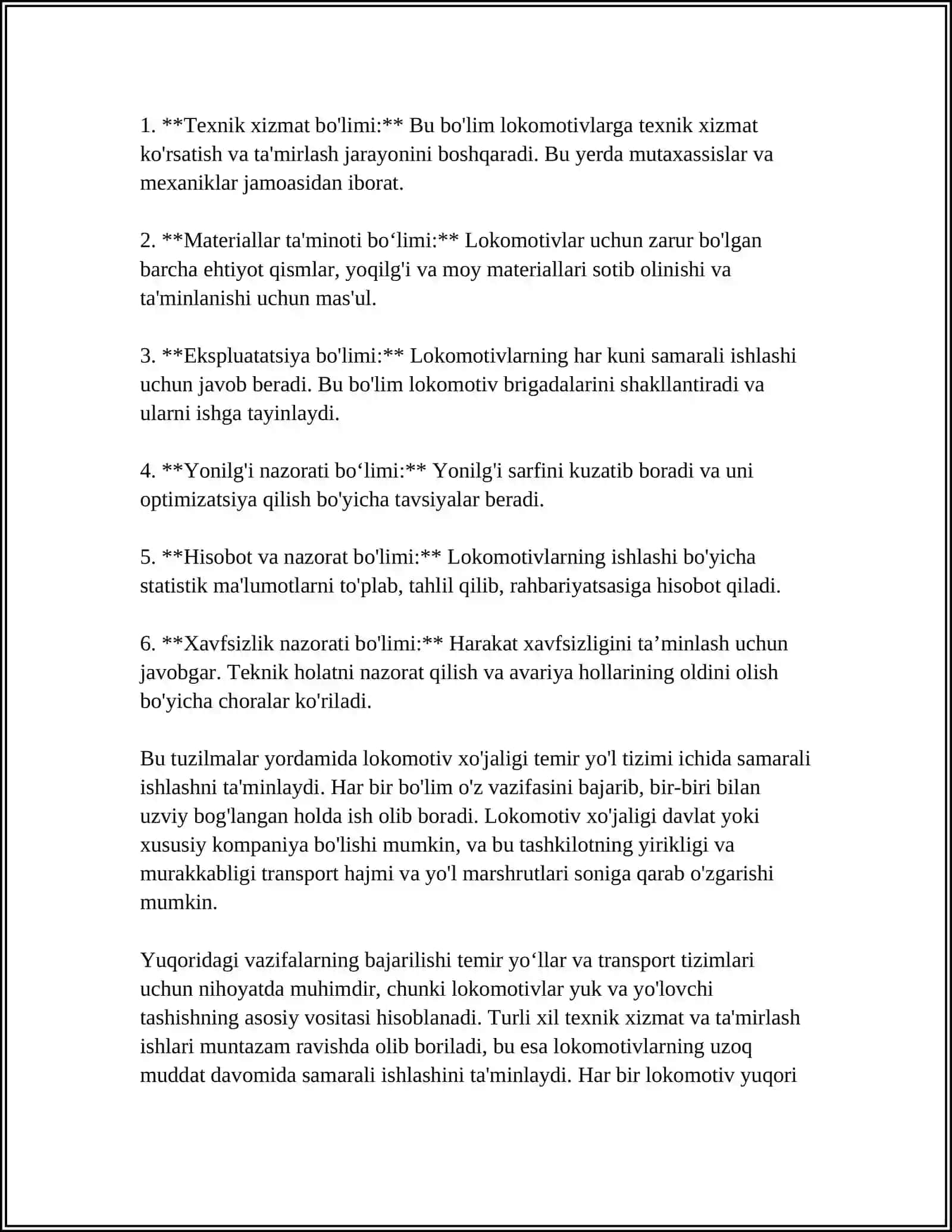 LOKOMATIV XOJALIGI HAQQINDA ULIWMA MAGLIWMATLAR.LOKOMOTIVLARGA XIZMET KORSETIW HAM BASQARIWDI SHOLKEMLESTIRIW 4