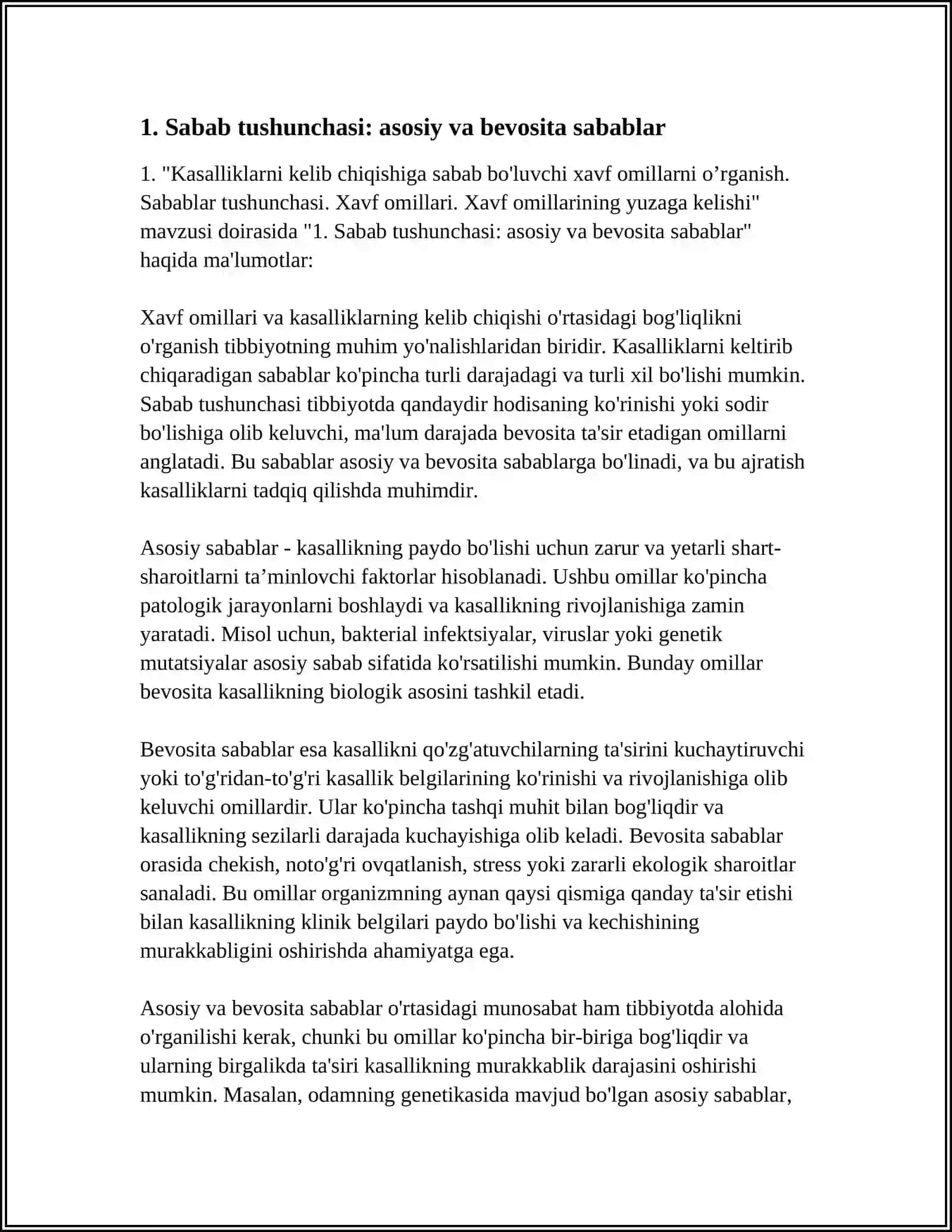 KASALLIKLARNI KELIB CHIQISHIGA SABAB BO'LUVCHI XAVF OMILLARNI O’RGANISH. SABLAR TUSHUNCHASI. XAVF OMILLARI. XAVF OMILLARINING YUZAGA KELISHI 4