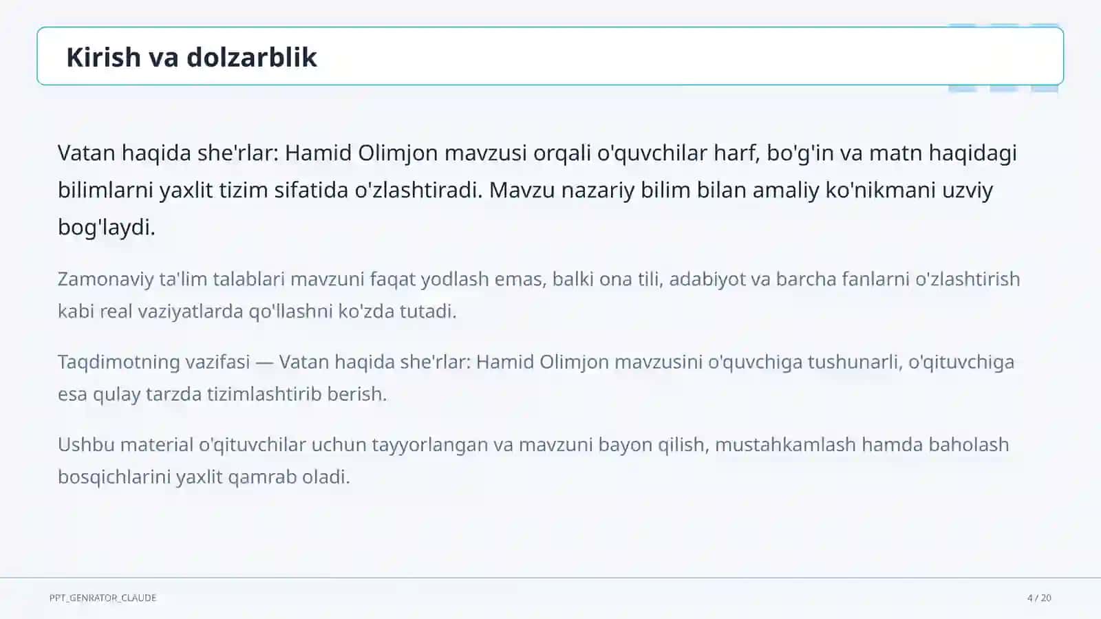 Boshlang'ich sinf: Ona tili va o'qish (1–4) — o'qituvchilar uchun 4