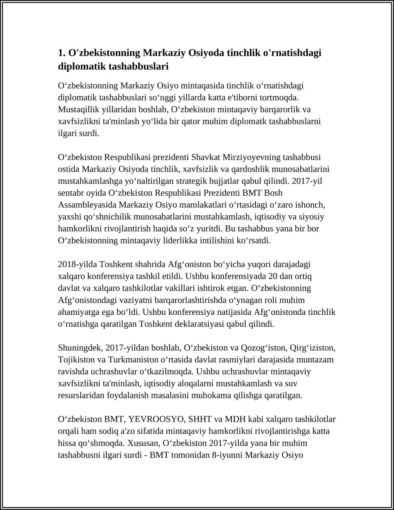 O'ZBEKISTONNING MARKAZIY OSIYODA TINCHLIK VA BARQARORLIKNI TA‘MINLASHDAGI O'RNI 4