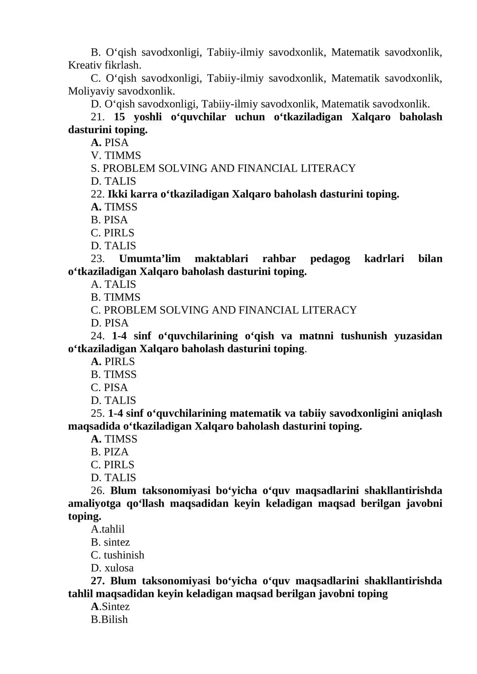 BOSHLANG‘ICH TA’LIMNING XALQARO DASTURLARI FANIDAN 4-KURS BOSHLANG’ICH TA’LIM (SIRTQI) YO‘NALISHI TALABALARI UCHUN YAKUNIY NAZORAT SAVOLLARI 4