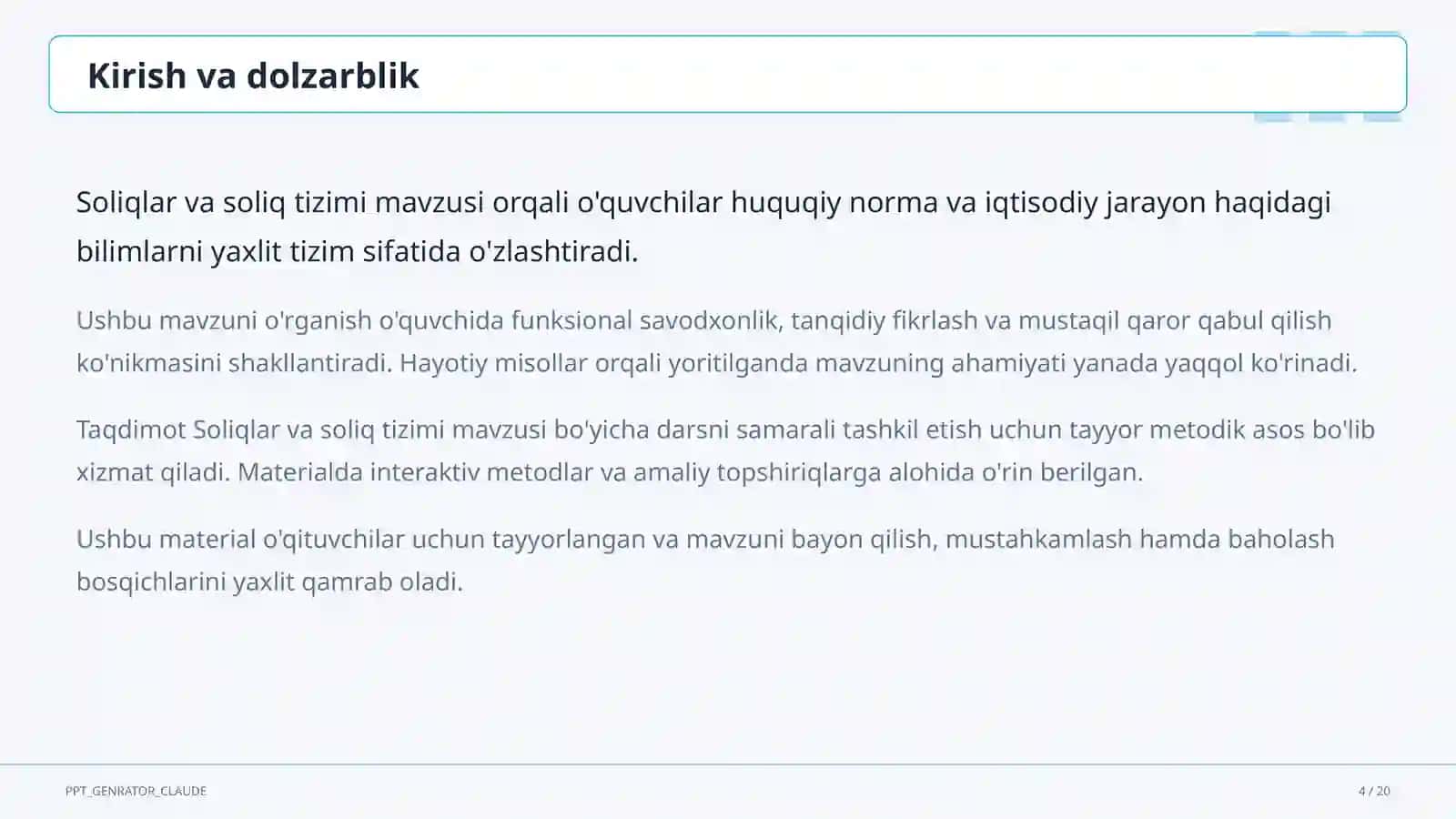 Huquq va iqtisodiyot asoslari (9–11) — o'qituvchilar uchun 4