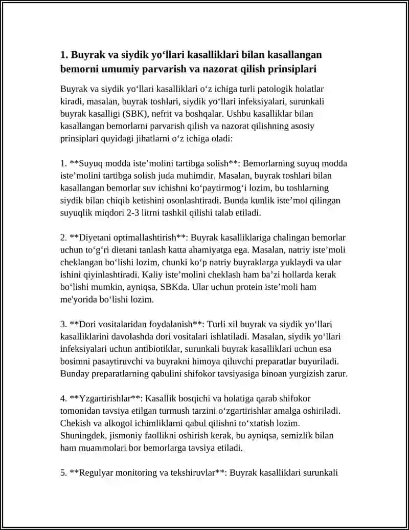BUYRAK VA SIYDIK YÕLLARI KASALLIKLARI BILAN KASALLANGAN BEMORNI PARVARISHI VA ULARNING NAZORATI 4
