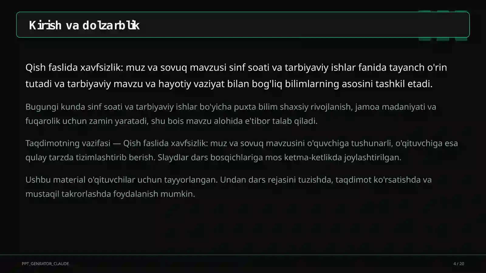 Sinf soati va tarbiyaviy tadbirlar (1–11) — o'qituvchilar uchun 4