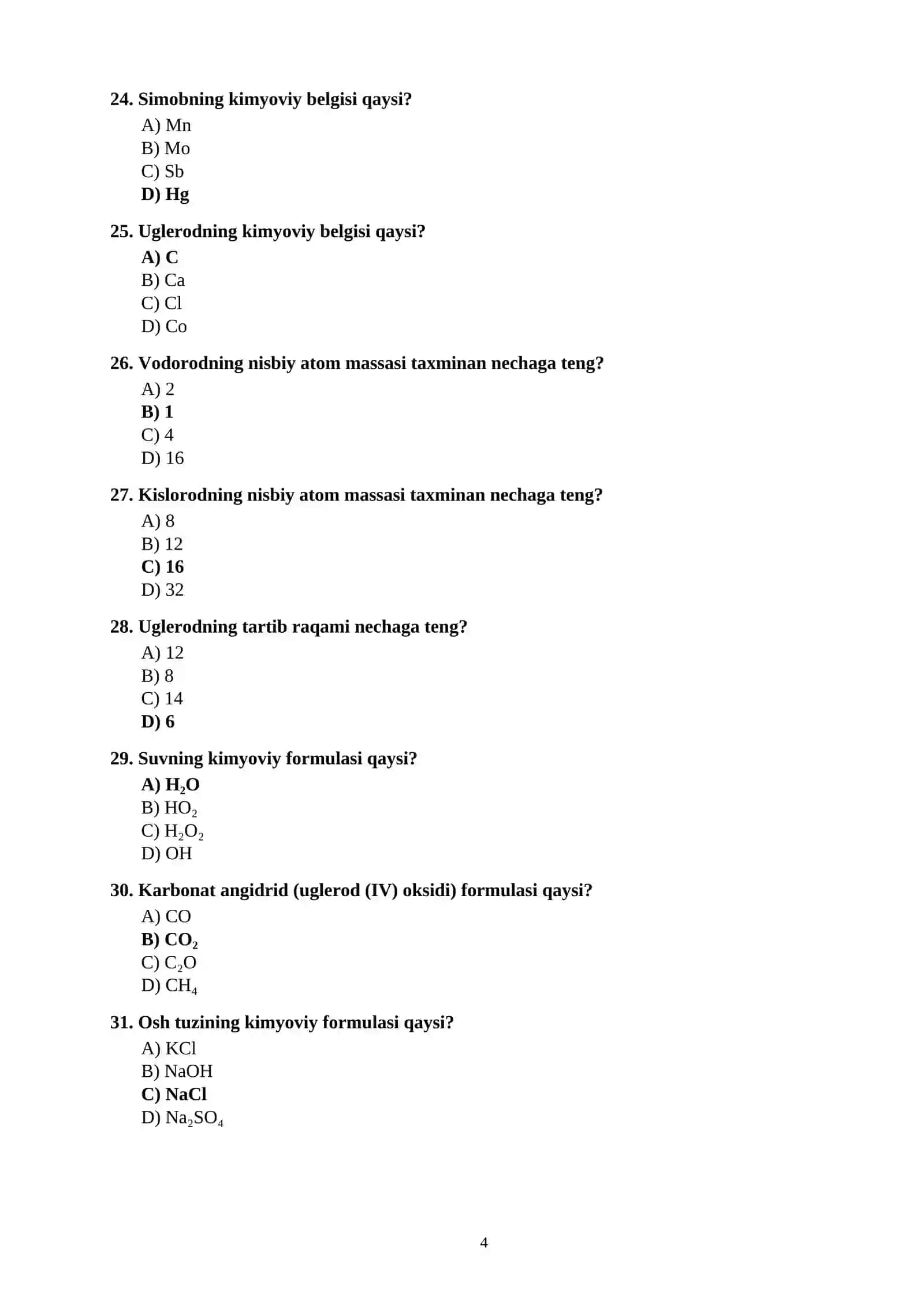 KIMYO FANIDAN 100 TA TEST SAVOLLARI JAVOBLARI BILAN 4