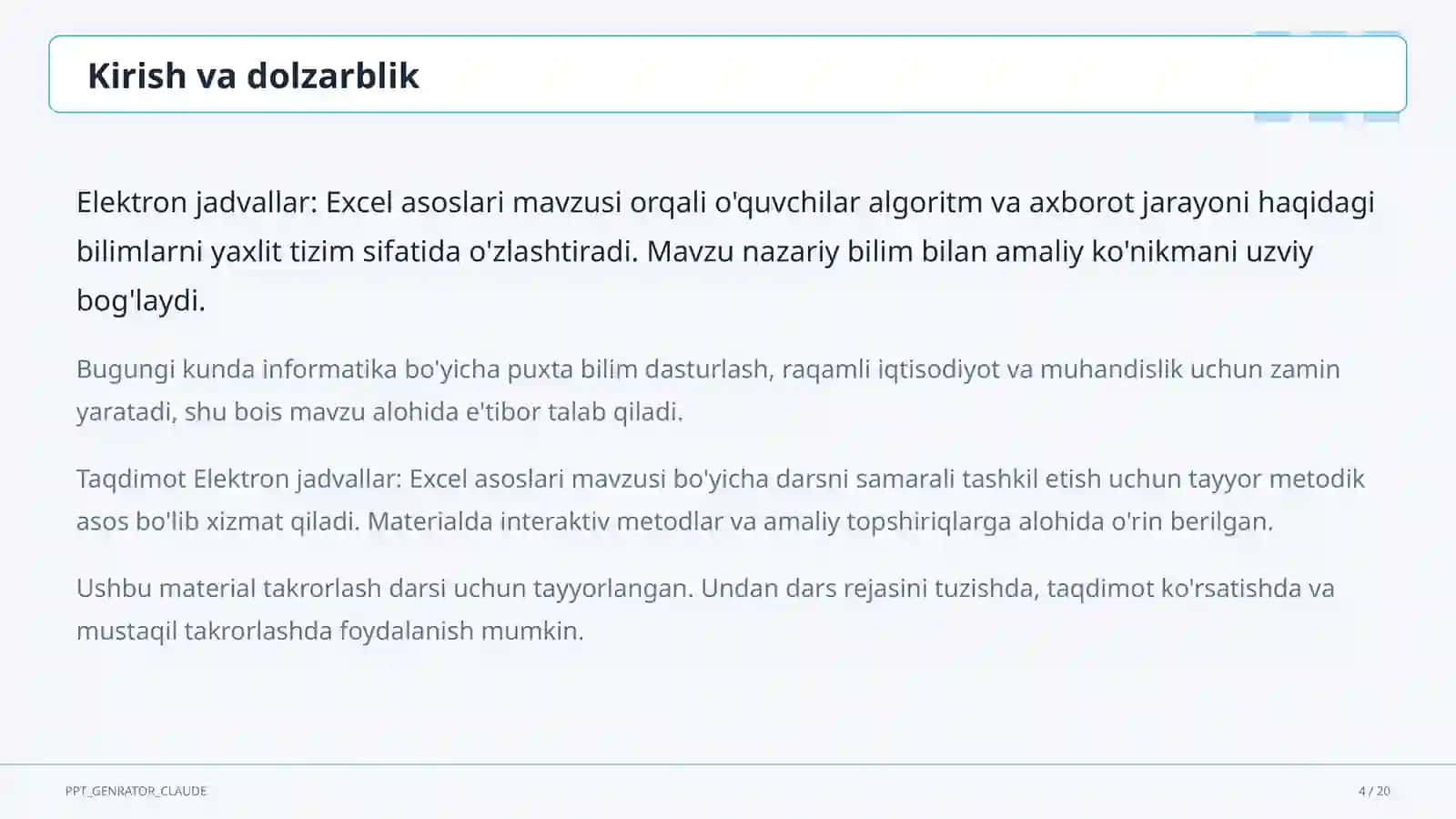 Elektron jadvallar: Excel asoslari (7-sinf) 4