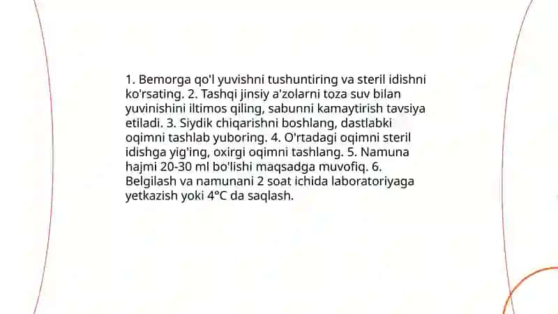 Siydik va axlat tekshirish usullari va bemorlarni tayyorlash. 12barmoqli ichak suyuqligini olish 4