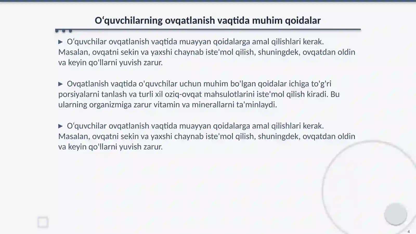 Maktab oʻquvchilari ovqatlanishini tahlil qilish 4