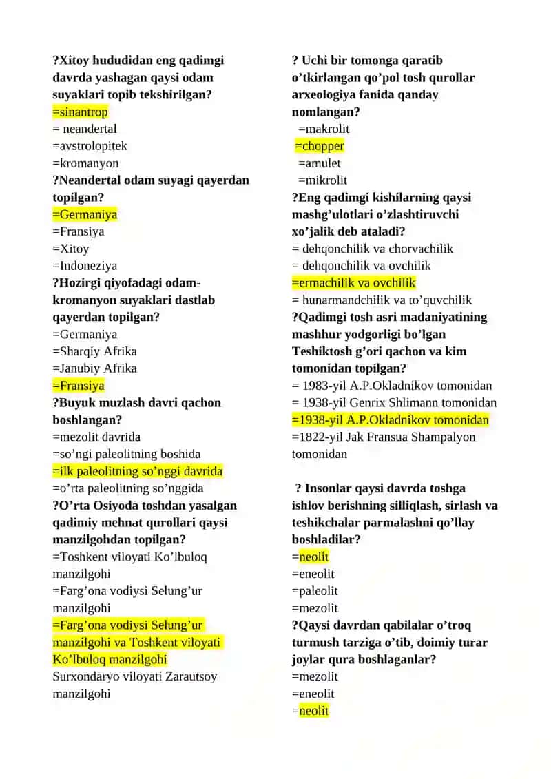 TARIX YO’NALISHI 1-KURS TALABALARI UCHUN ARXEOLOGIYA(I) FANIDAN TEST SAVOLLARI 4