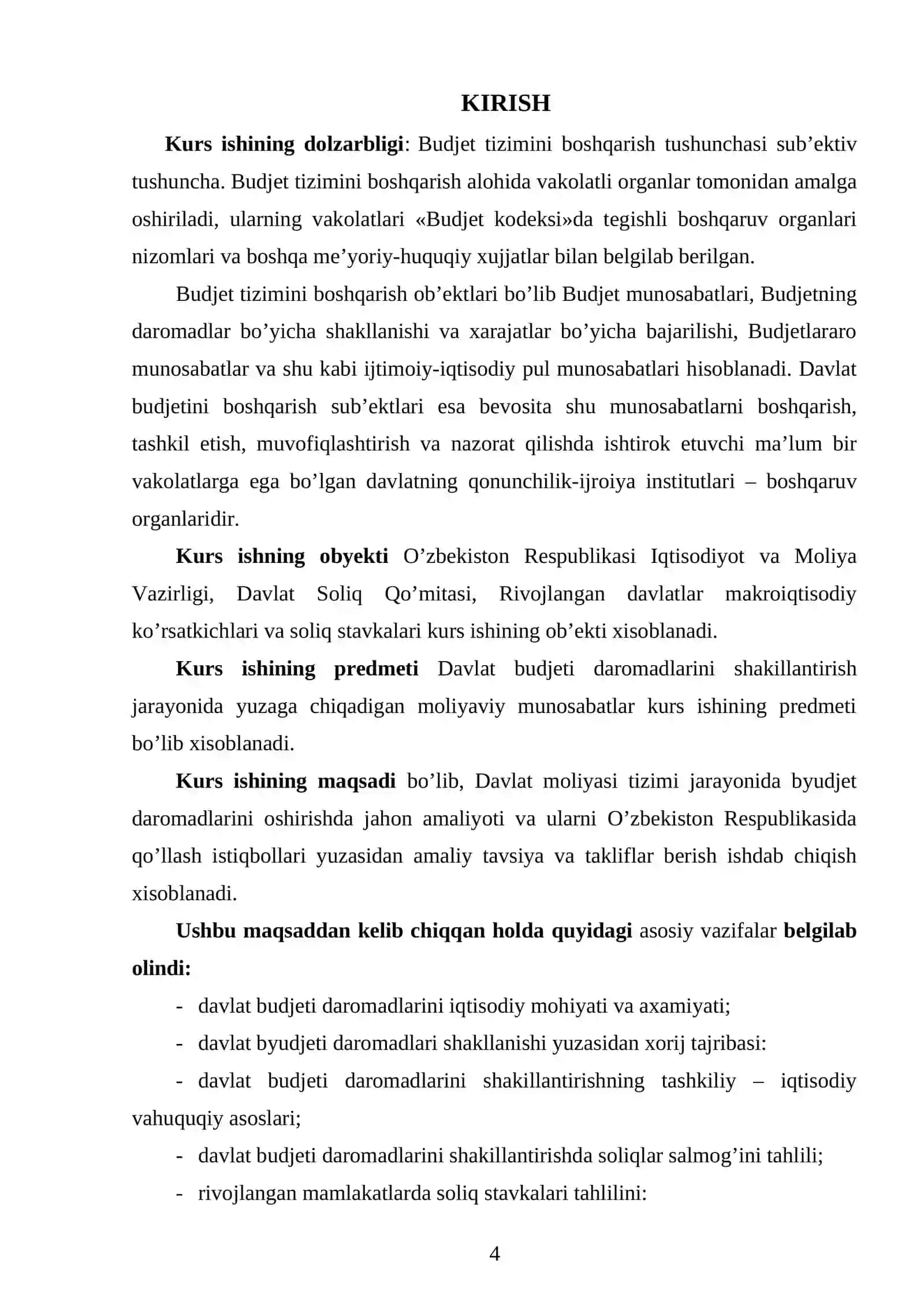 O’zbekiston Respublikasida markaziy va mahalliy ijroiya hokimiyati organlarining davlat budjetini boshqarishdagi ishtirokini takomillashtirish mavzusidagi kurs ishi 4
