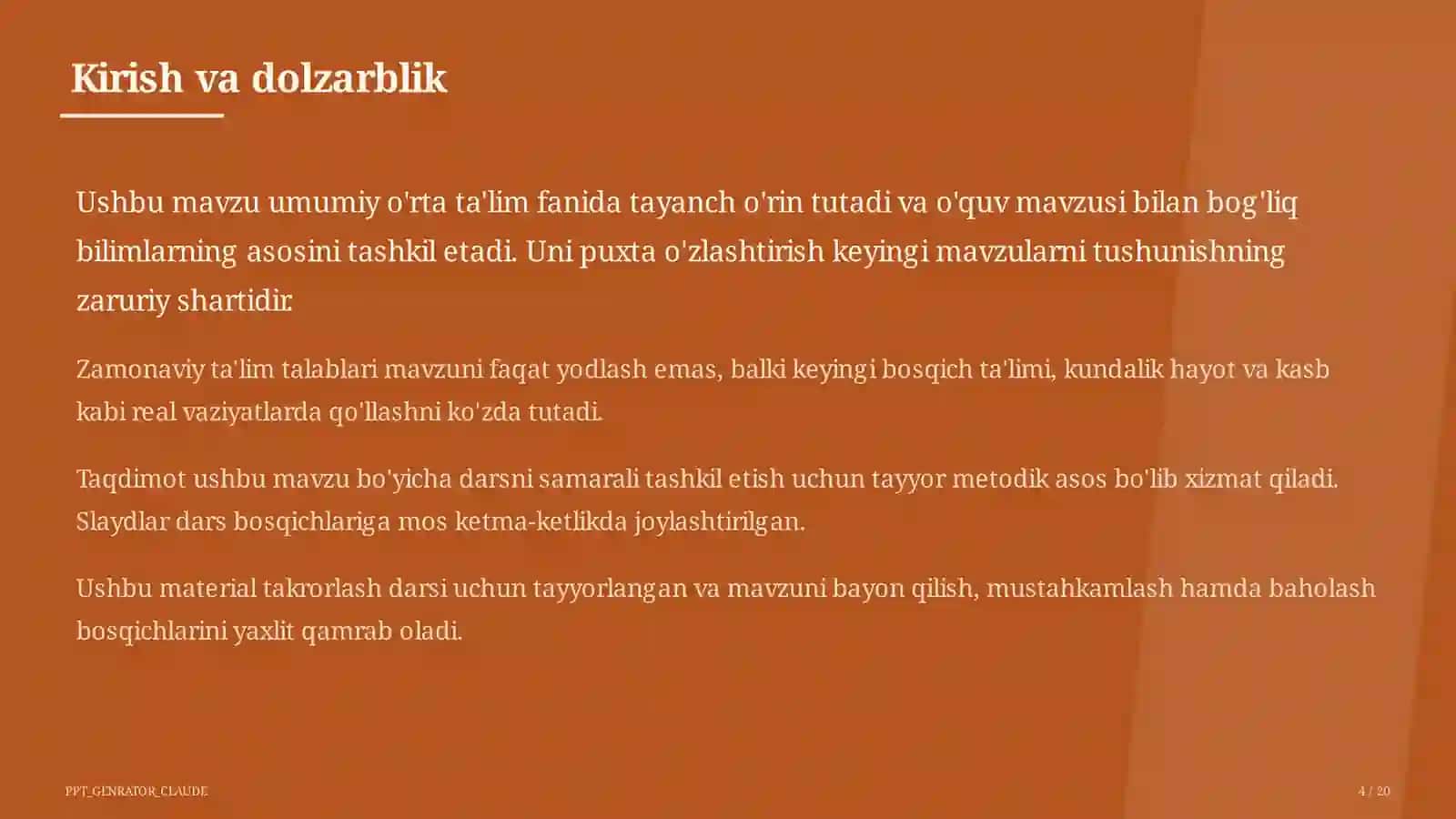 Dolzarb mavzular — maktab va o'qituvchilar (2026) — takrorlash darsi uchun 4