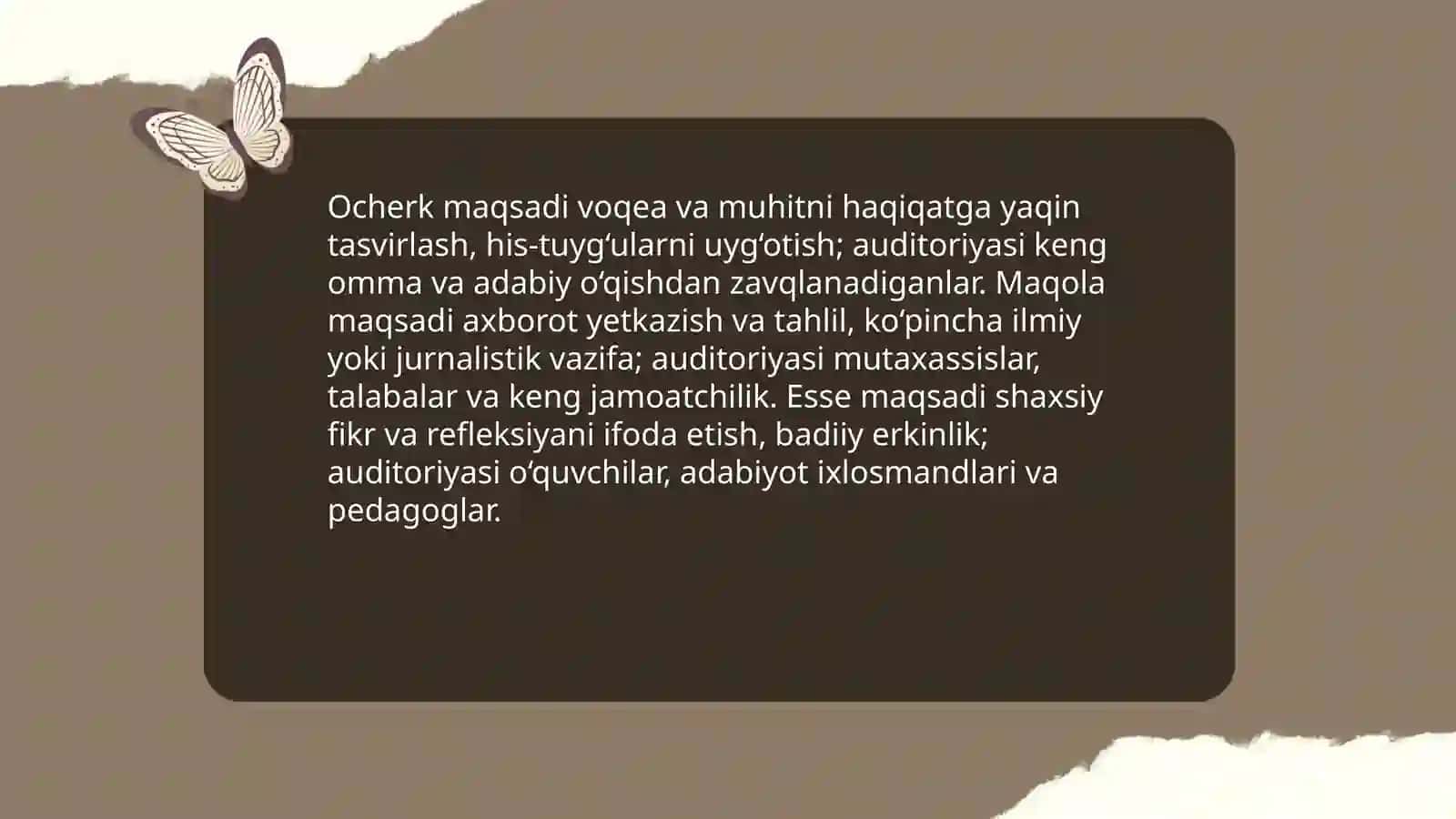 Ocherk, maqola, esselarning farqi qanday yozilishi. 4