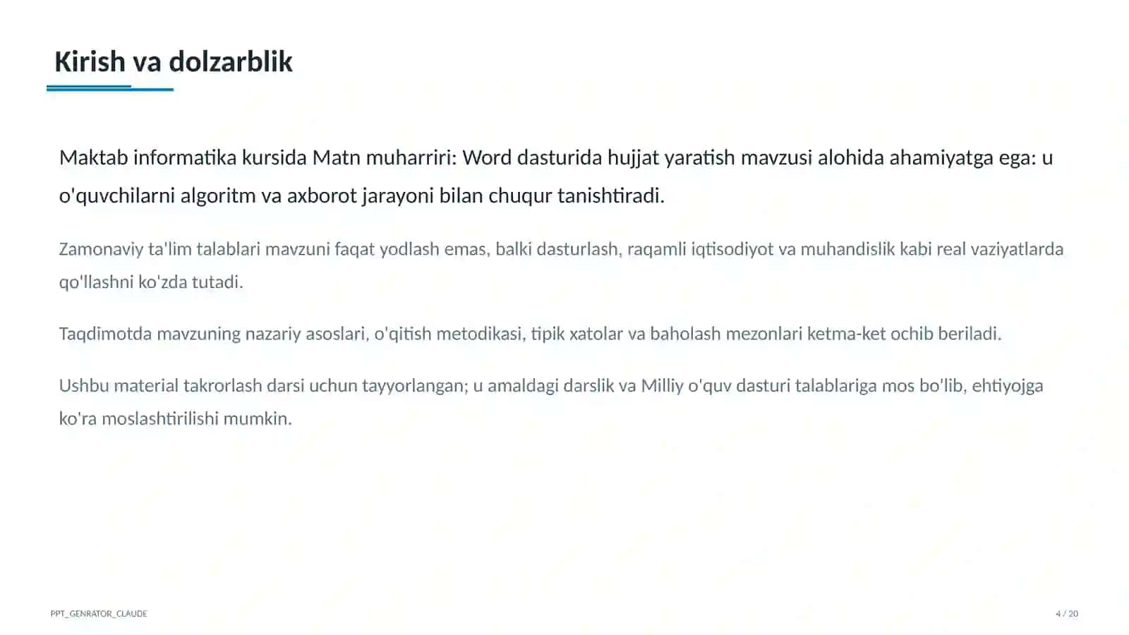 Matn muharriri: Word dasturida hujjat yaratish (6-sinf) 4