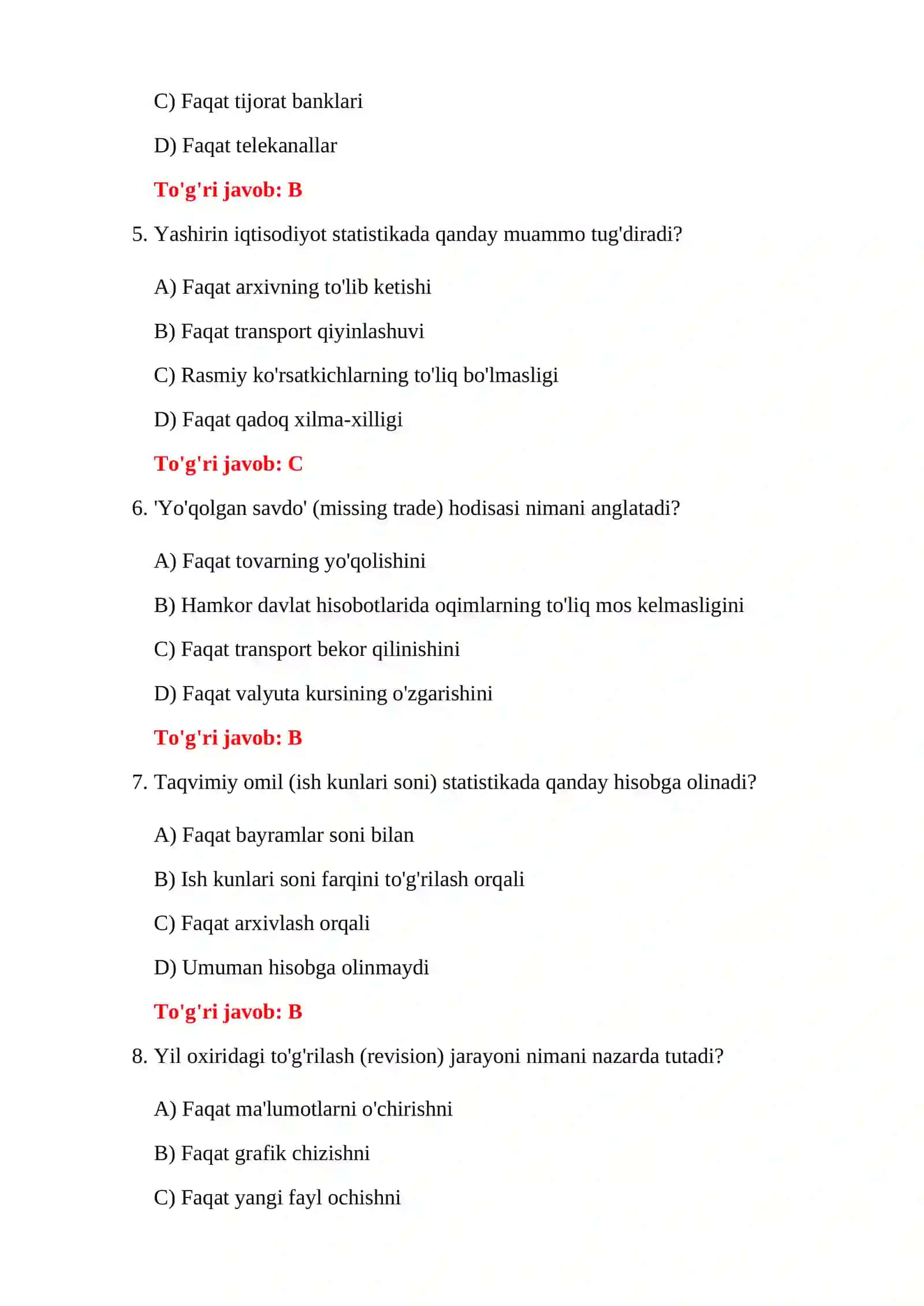 BOJXONA STATISTIKASI TEST SAVOLLARI 4