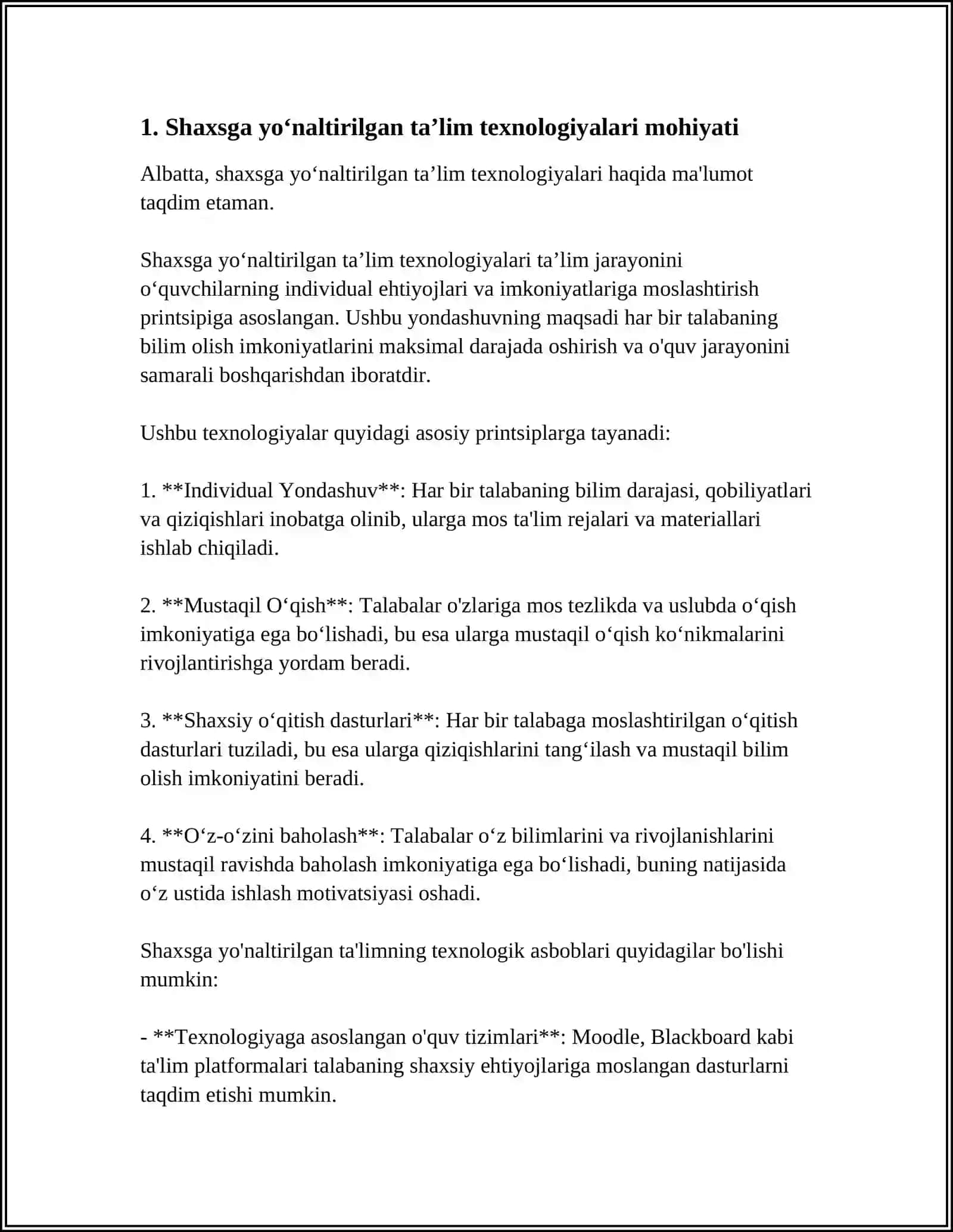 SHAXSGA YONALTIRILGAN TALIM TEXNOLOGIYALARI MOHIYATINI OCHIB BERISH 4